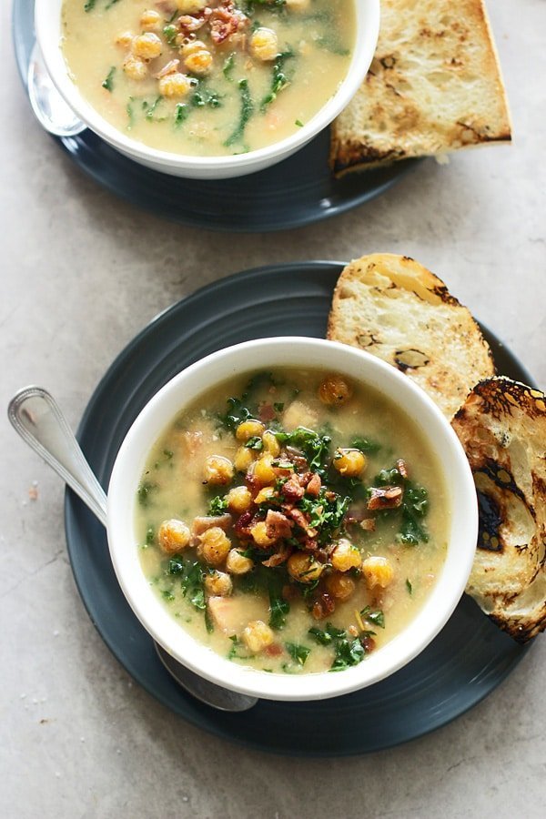 Chickpea Soup with Kale and Bacon | cookingforkeeps.com