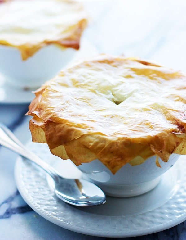 Skinny Chicken and Vegetable Pot Pie with Phyllo "Crust" | cookingforkeeps.com 