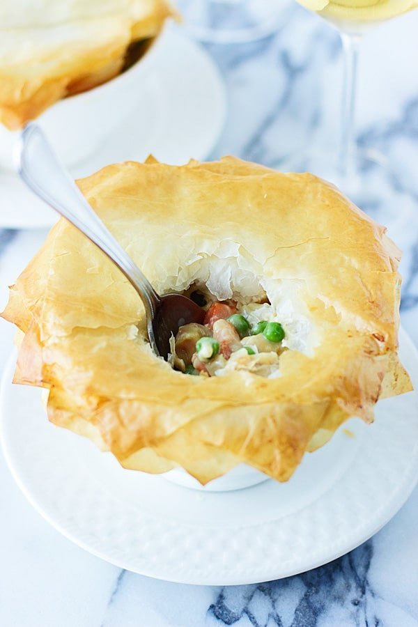Skinny Chicken and Vegetable Pot Pie with Phyllo "Crust" | cookingforkeeps.com