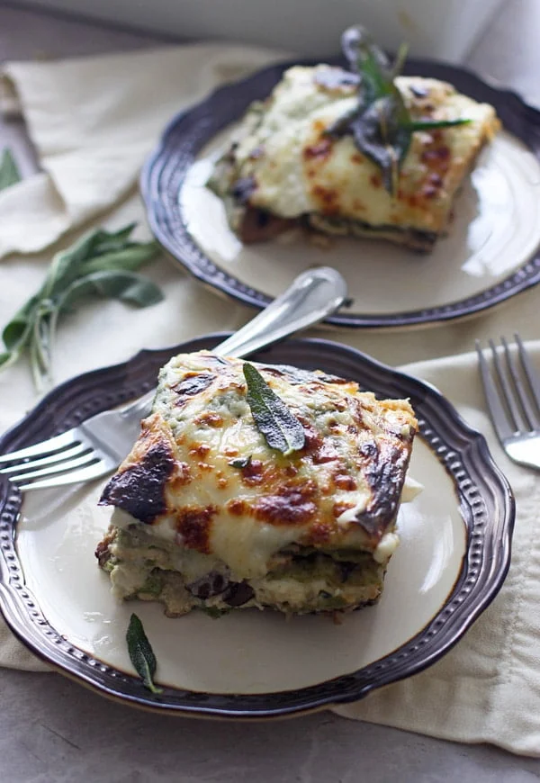 Triple Mushroom Lasagna with Homemade Ricotta and Spinach Pasta | cookingforkeeps.com