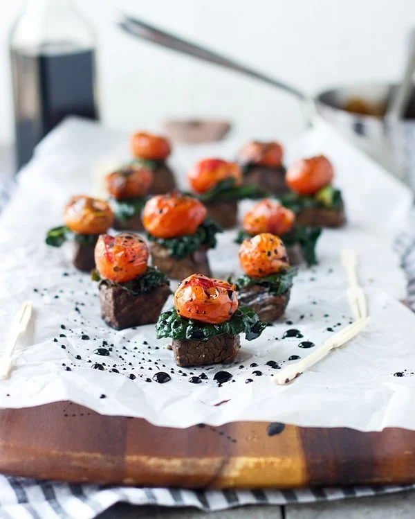 Balsamic Marinated Steak Bites with Kale and Roasted Tomatoes 