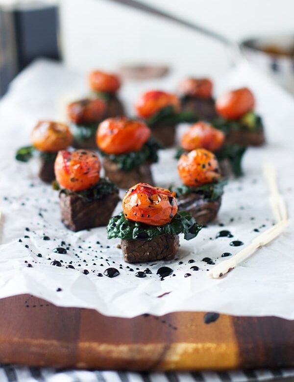 Balsamic Marinated Steak Bites with Kale and Roasted Tomatoes