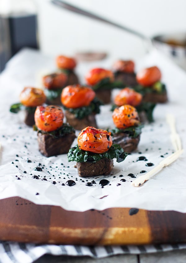 Balsamic Marinated Steak Bites with Kale and Roasted Tomatoes 