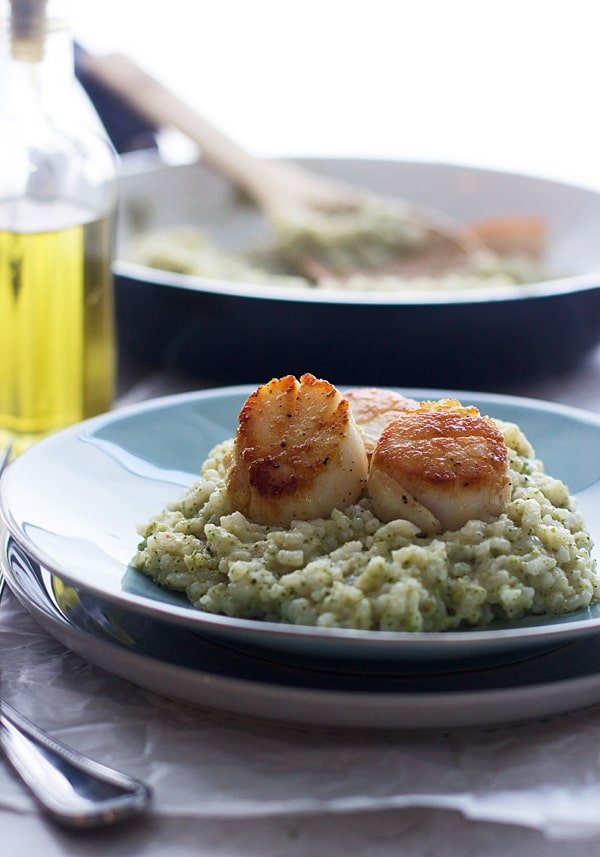 Oven-Baked Risotto with Broccoli Pesto and Seared Scallops - A perfect low maintenance, but impressive dinner!