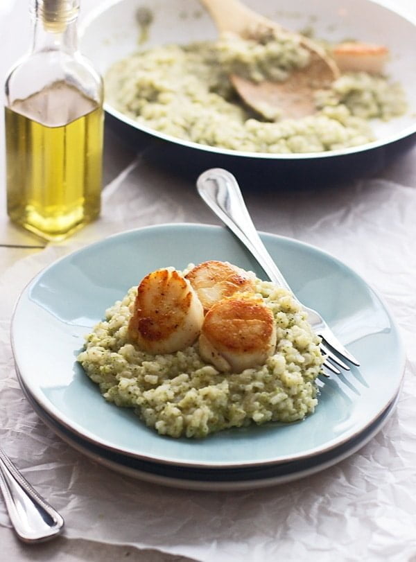 Oven-Baked Risotto with Broccoli Pesto and Seared Scallops - A perfect low maintenance, but impressive dinner!