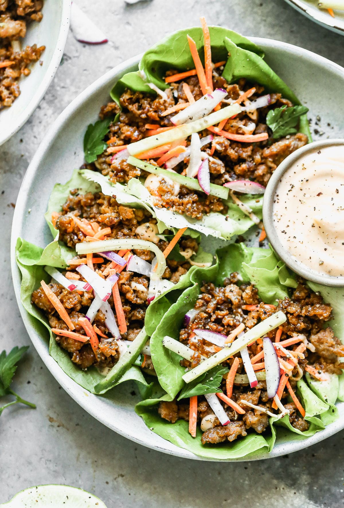 Let's take all of the flavors of a classic Banh Mi Sandwich&nbsp;deconstruct it and nestle everything into perfect little Vietnamese Lettuce Wraps. We will get crispy, salty ground pork, crisp veggies, with a sweet and spicy mayo&nbsp;drizzle in each&nbsp;drippy bite we take. And we will be happy.&nbsp;