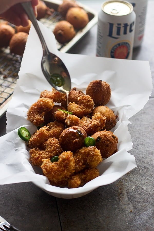 Cajun Popcorn Shrimp and Corn &amp; Jalapeno Hushpuppies with Jalapeno Honey