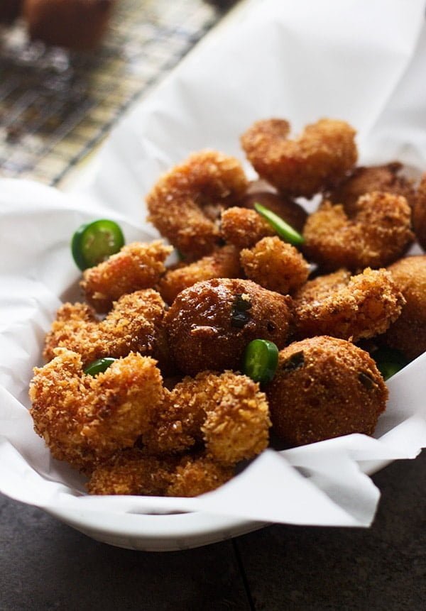 Cajun Popcorn Shrimp and Corn &amp; Jalapeno Hushpuppies with Jalapeno Honey