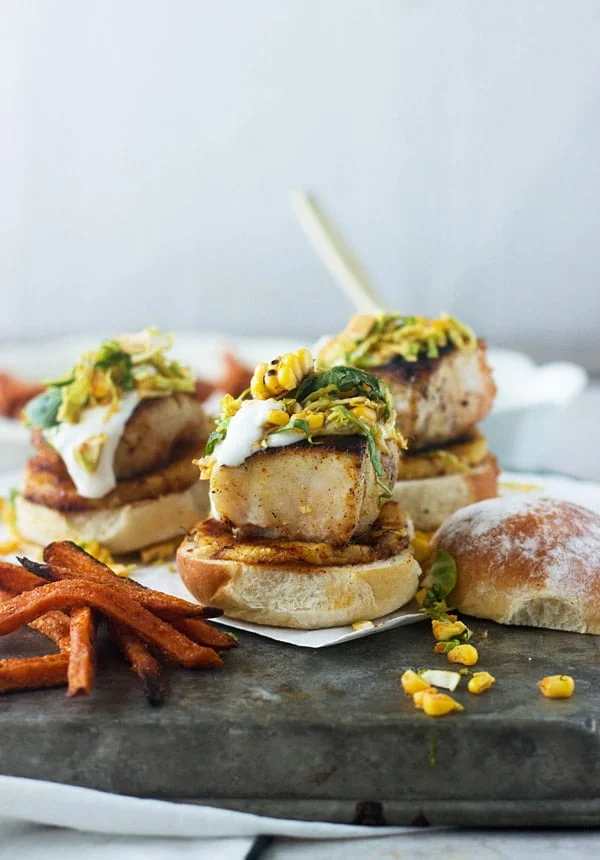 Mahi Mahi Sliders with Grilled Pineapple, Corn Brussels Sprout Slaw and Lime Sour Cream
