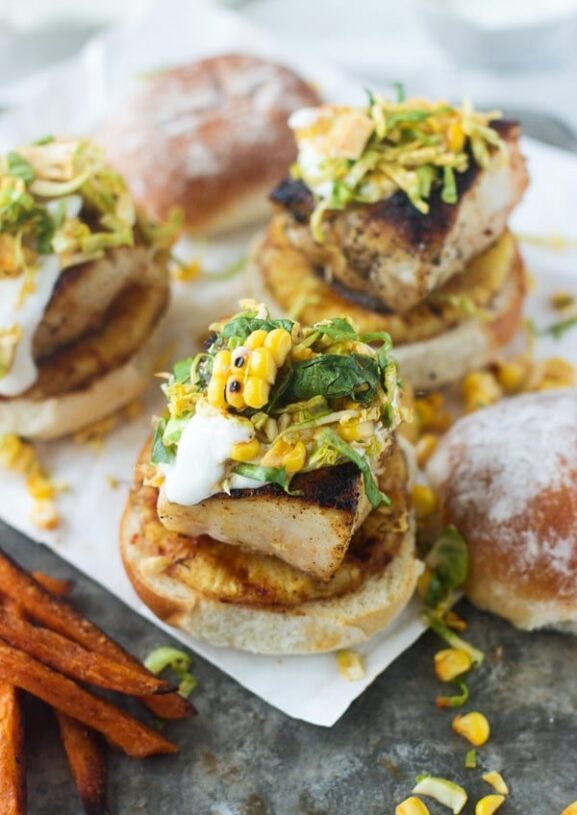 Mahi Mahi Sliders with Grilled Pineapple, Corn Brussels Sprout Slaw and