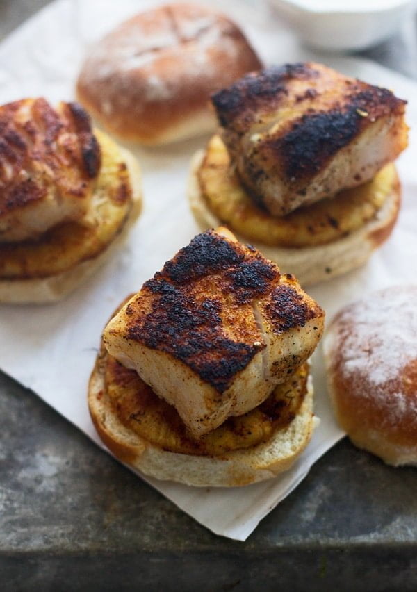 Mahi Mahi Sliders with Grilled Pineapple, Corn Brussels Sprout Slaw and Lime Sour Cream