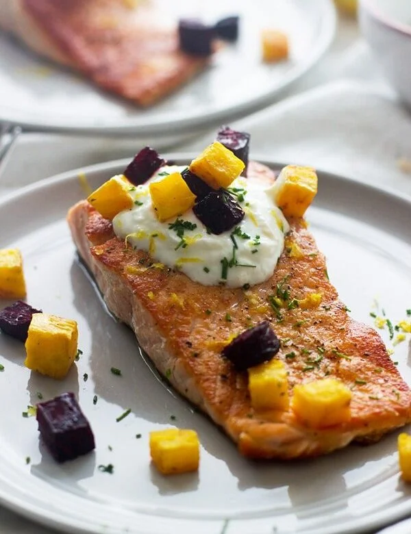 Crispy Salmon with Roasted Beets and Garlicky Lemon Yogurt Sauce 5