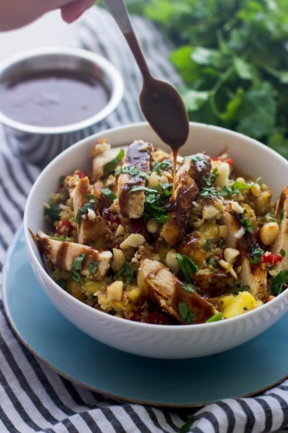 Hawaiian Quinoa Bowls with Cilantro Honey Vinaigrette and Spicy Peanut