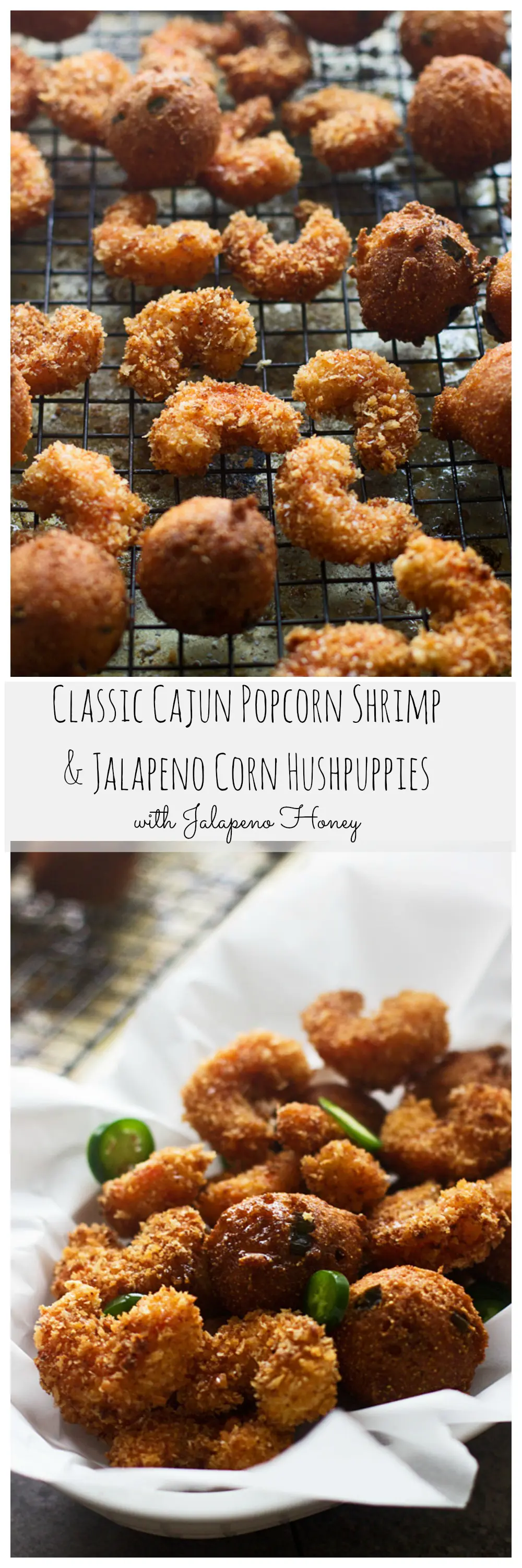 Popcorn Shrimp and Corn Jalapeño Hushpuppies with Jalapeño Honey