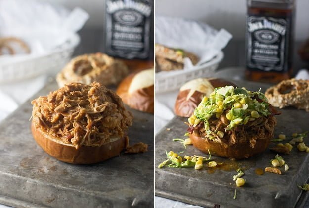 Slow-Cooker Bourbon Brown Sugar Pulled Chicken Sandwiches with Bacon and Brussels Sprout Corn Slaw 3