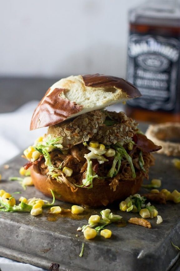 SlowCooker Bourbon Brown Sugar Pulled Chicken Sandwiches with Bacon