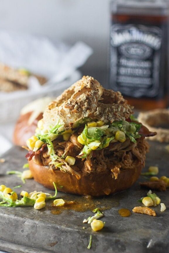 SlowCooker Bourbon Brown Sugar Pulled Chicken Sandwiches with Bacon