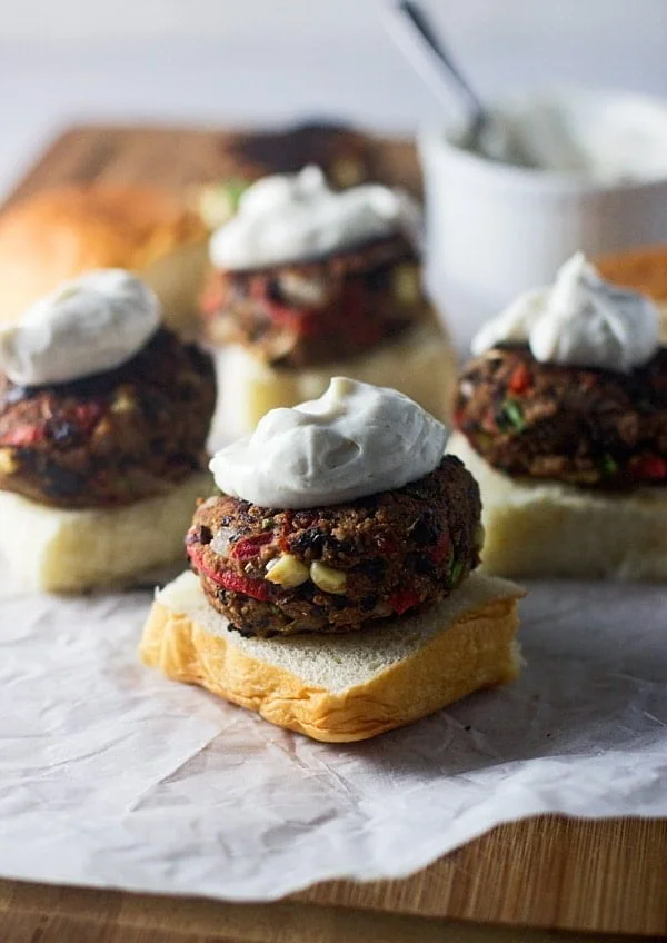 Chipotle Black Bean Sliders with Sweet Potato Fries and Lime Sour Cream