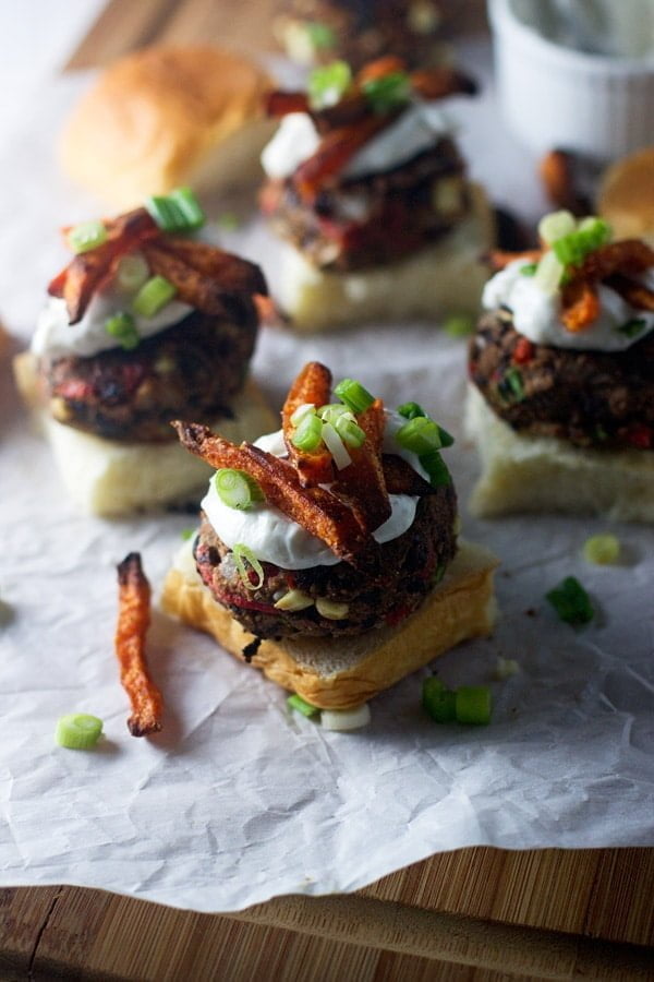 Chipotle Black Bean Sliders with Sweet Potato Fries and Lime Sour Cream