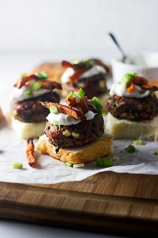 Chipotle Black Bean Sliders with Sweet Potato Fries and Lime Sour Cream