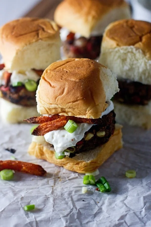 Chipotle Black Bean Sliders with Sweet Potato Fries and Lime Sour Cream