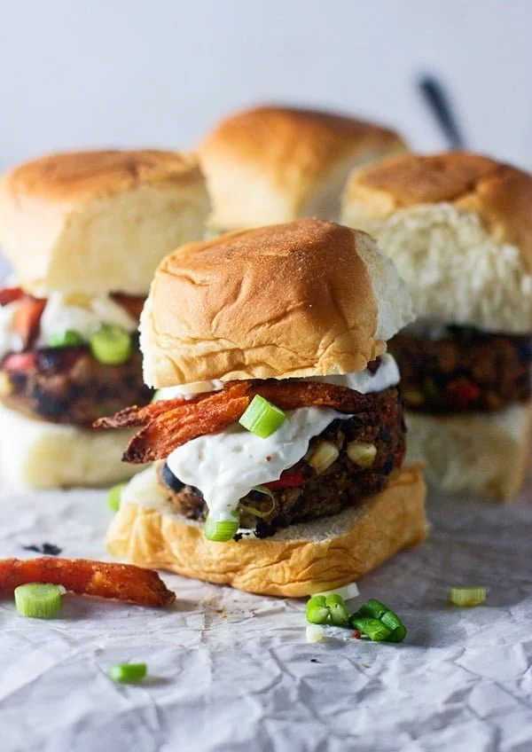 Chipotle Black Bean Sliders with Sweet Potato Fries and Lime Sour Cream