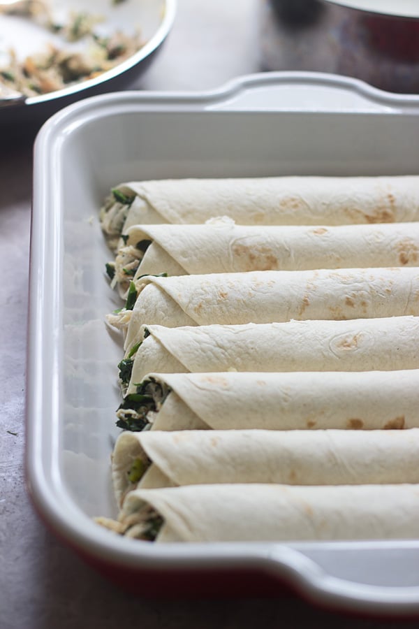 Spinach, Chicken and Cheese Enchiladas with  Jalapeño  Cream Cheese Sauce