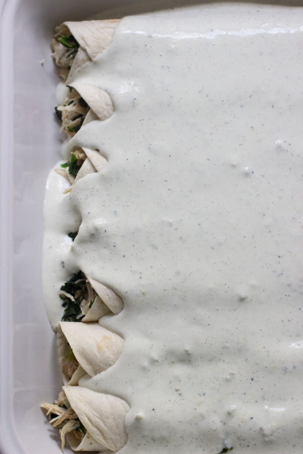 Spinach, Chicken and Cheese Enchiladas with  Jalapeño  Cream Cheese Sauce