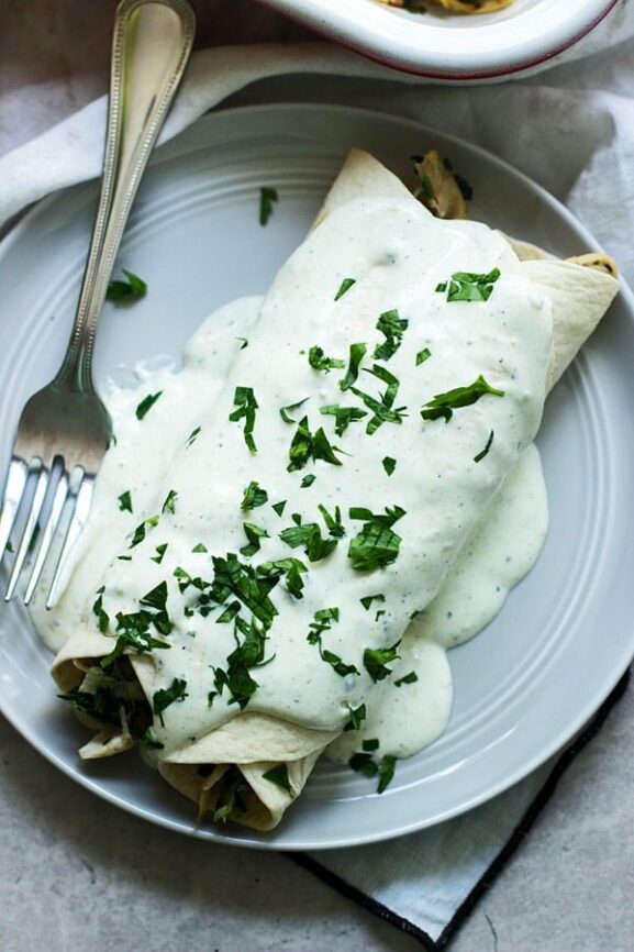 Spinach, Chicken and Cheese Enchiladas with Jalapeño Cream Cheese Sauce