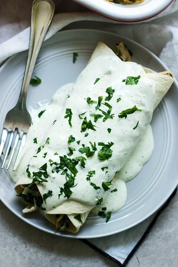 Spinach, Chicken and Cheese Enchiladas with  Jalapeño  Cream Cheese Sauce