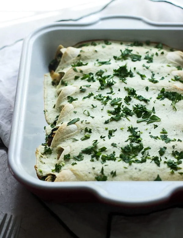 Spinach, Chicken and Cheese Enchiladas with  Jalapeño  Cream Cheese Sauce