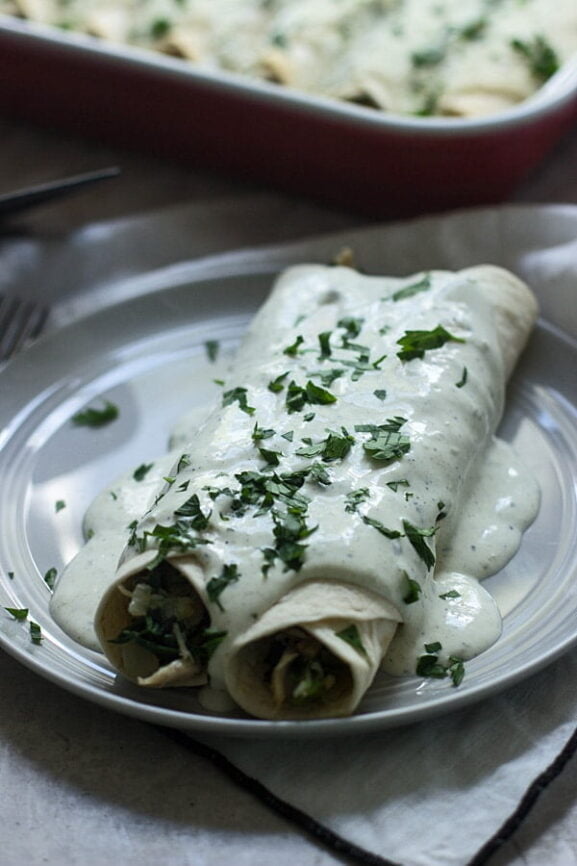 Spinach, Chicken and Cheese Enchiladas with Jalapeño Cream Cheese Sauce