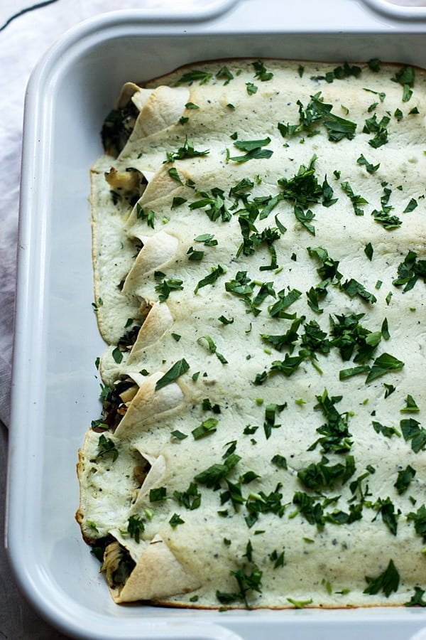 Spinach, Chicken and Cheese Enchiladas with  Jalapeño  Cream Cheese Sauce