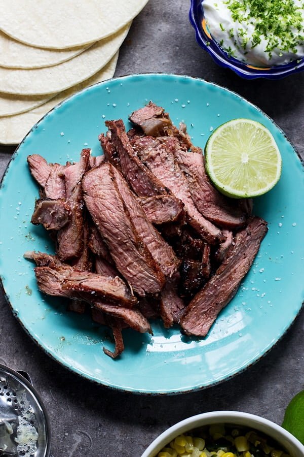 Lime and Chipotle  Marinated Steak Tacos with Corn, Poblanos and Zesty Sour Cream