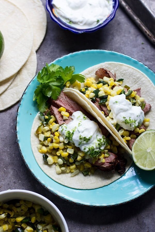 Lime and Chipotle  Marinated Steak Tacos with Corn, Poblanos and Zesty Sour Cream 9