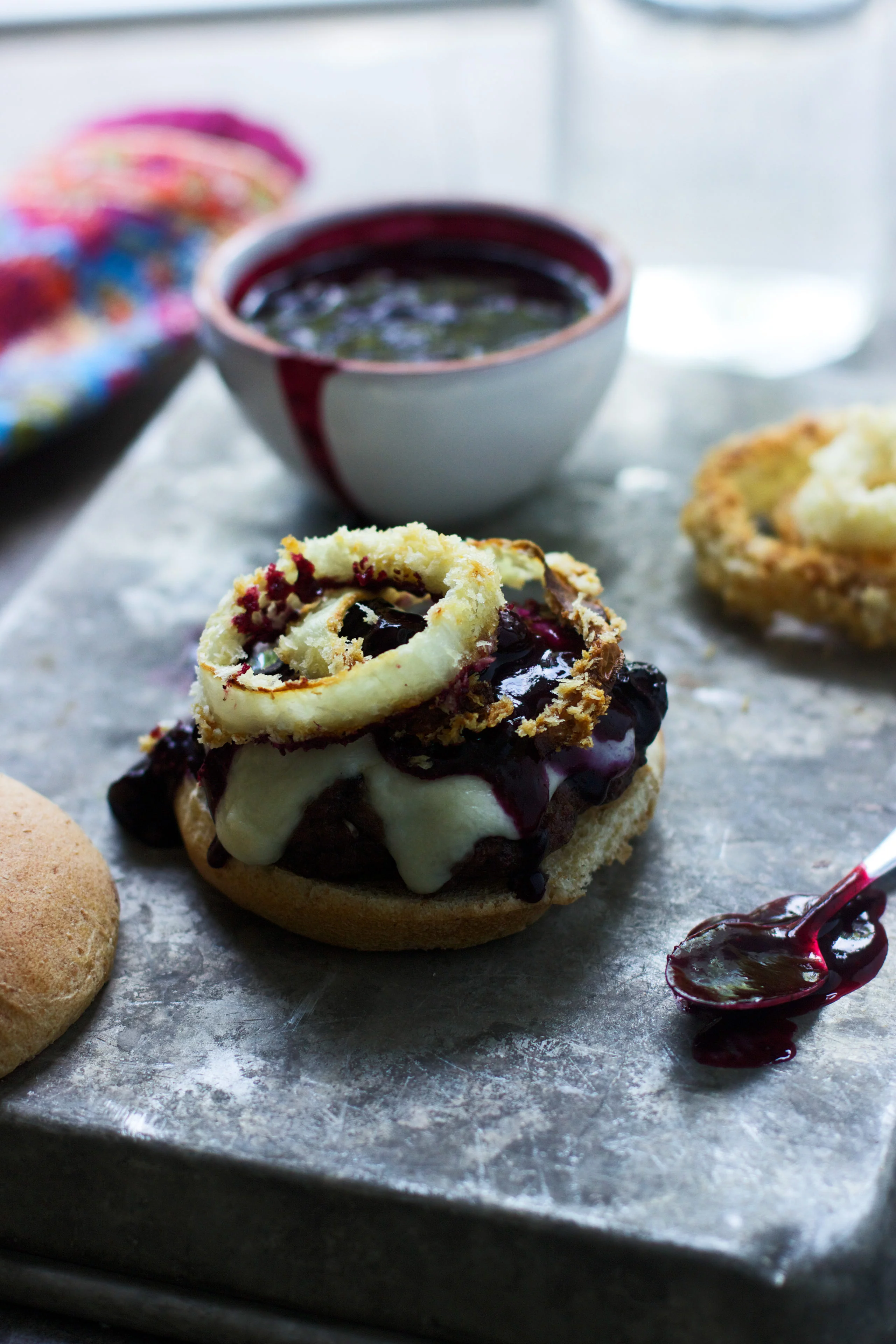 Burgers with Balsamic Blueberries, Baked Onion Ring and Mozzarella 3