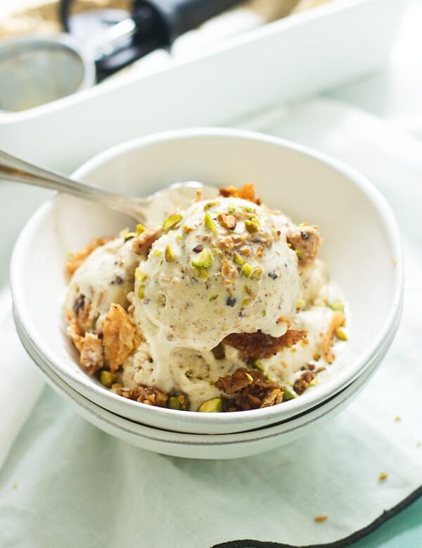 Homemade Baklava Ice - Creamy cinnamon and vanilla lace ice cream intertwined with whole pieces of sweet, nutty baklava!