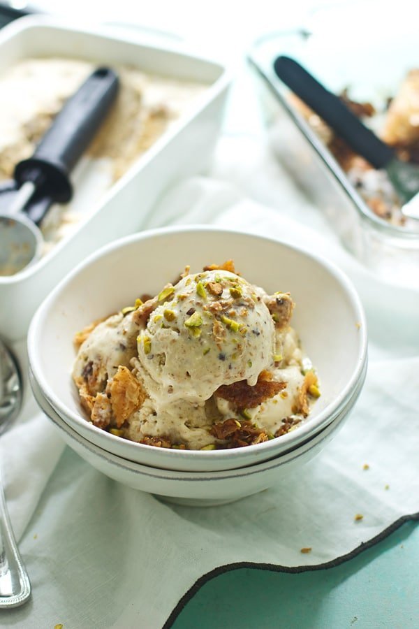 Homemade Baklava Ice - Creamy cinnamon and vanilla lace ice cream intertwined with whole pieces of sweet, nutty baklava! 