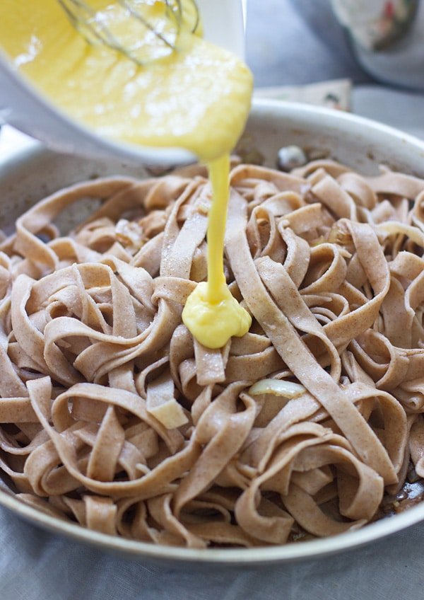 Impress guests with this Brown Butter Carbonara with Brown Sugar Roasted Figs and Whole-Wheat Fettuccine -- elegant, easy and so delish! 