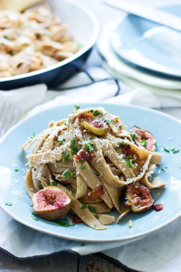 Impress guests with this Brown Butter Carbonara with Brown Sugar Roasted Figs and Whole-Wheat Fettuccine -- elegant, easy and so delish! 