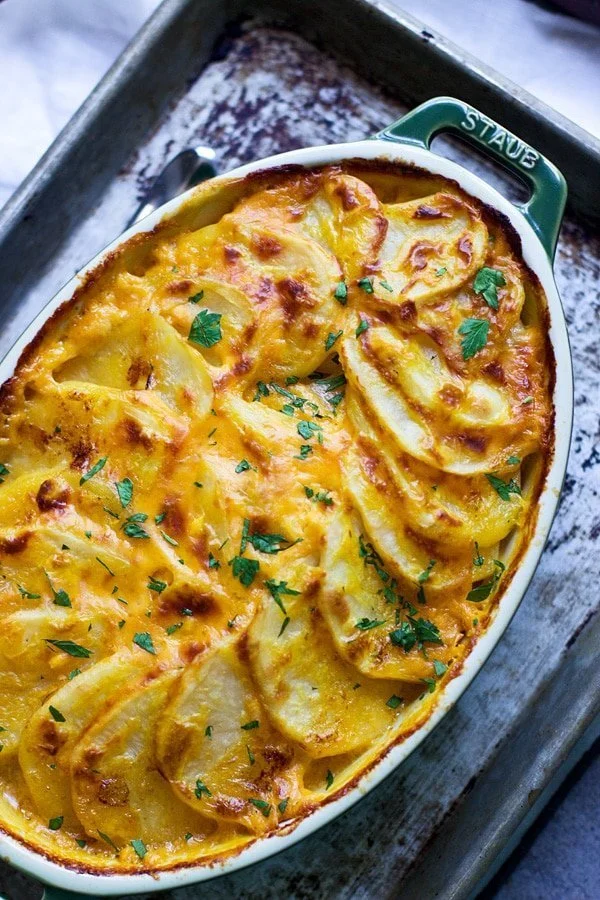 Creamy Pumpkin Cheddar Scalloped Potatoes