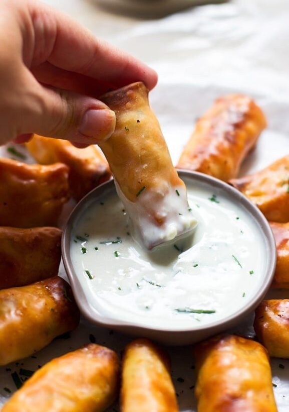 Baked Mini Buffalo Chicken Egg Rolls with Blue Cheese Sauce Cooking for Keeps