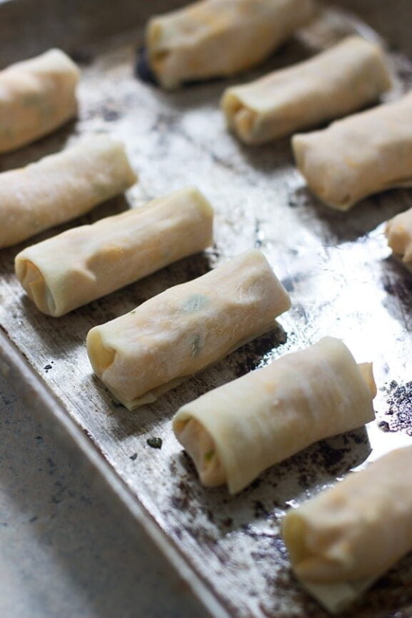 Baked Mini Buffalo Chicken Egg Rolls with Blue Cheese Sauce Cooking