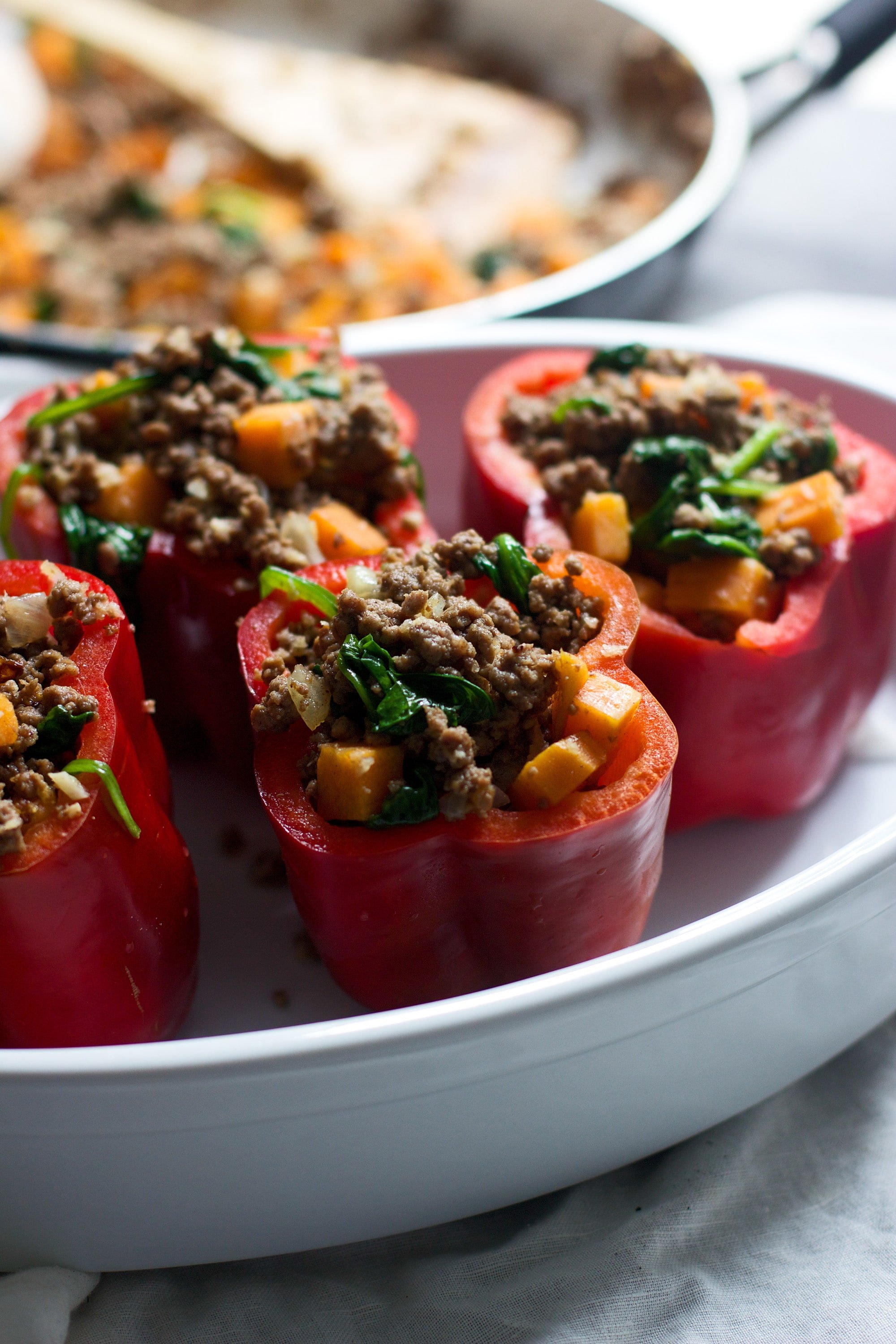 Beef, Sweet Potato and Spinach Stuffed Peppers
