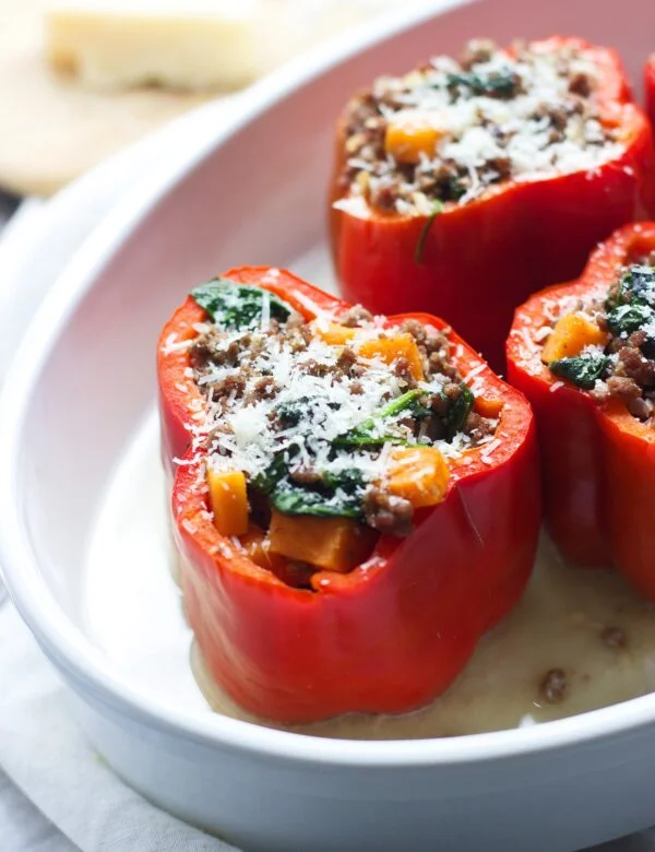 Beef, Sweet Potato and Spinach Stuffed Peppers