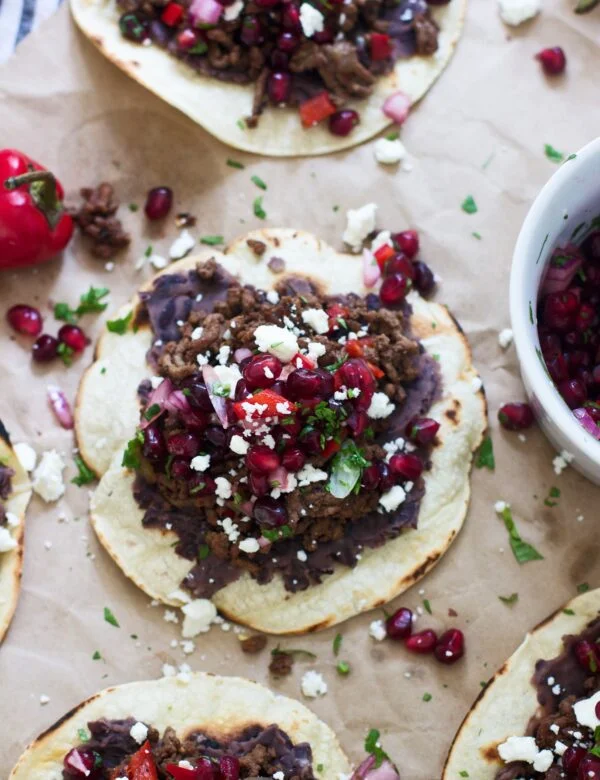Beef Tostadas with Pomegranate Salsa and Queso Fresca