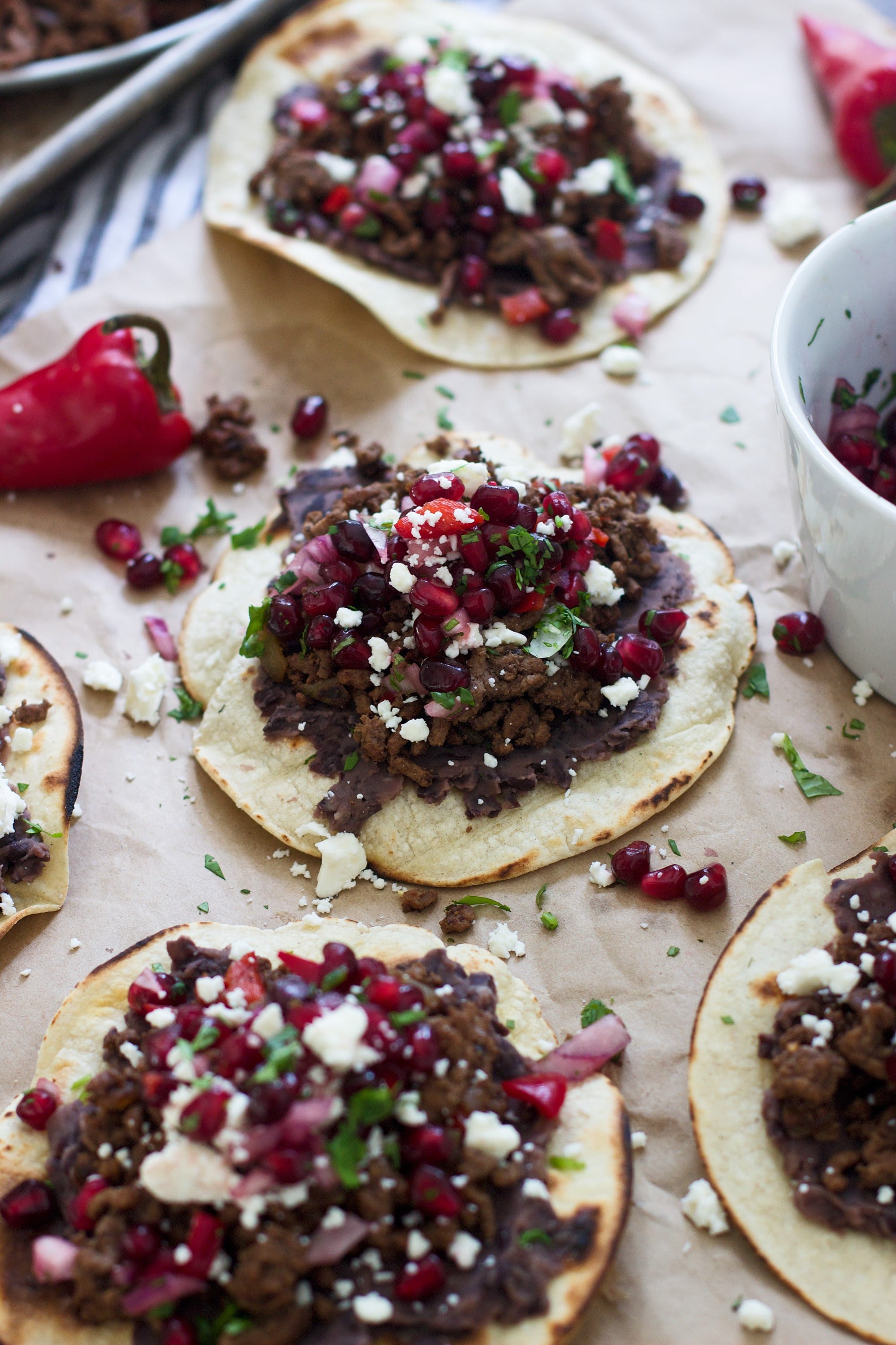 Beef Tostadas with Pomegranate Salsa and Queso Fresca