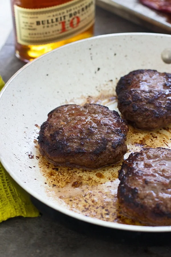 Brown Butter Seared Burgers with Bourbon Mushrooms, Bacon and Gruyere