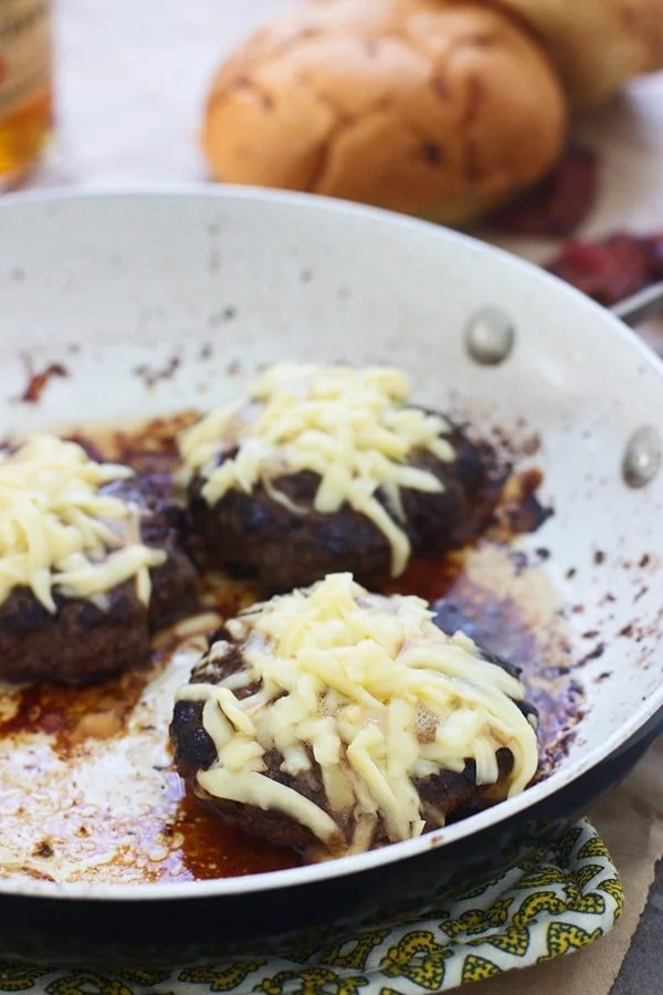 Brown Butter Seared Burgers with Bourbon Mushrooms, Bacon and Gruyere