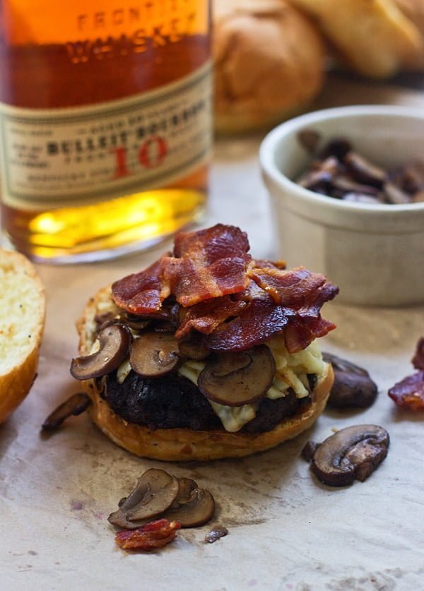 Brown Butter Seared Burgers with Bourbon Mushrooms, Bacon and Gruyere